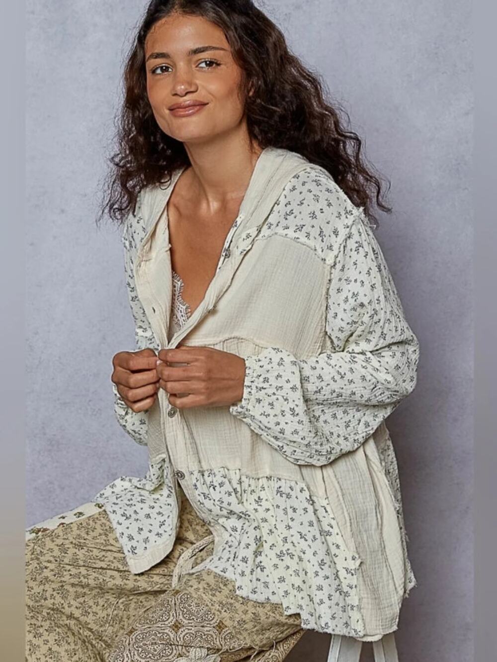 POL Flower Press Floral Gauze Hooded Jacket Size L NWT - Cottage Boho